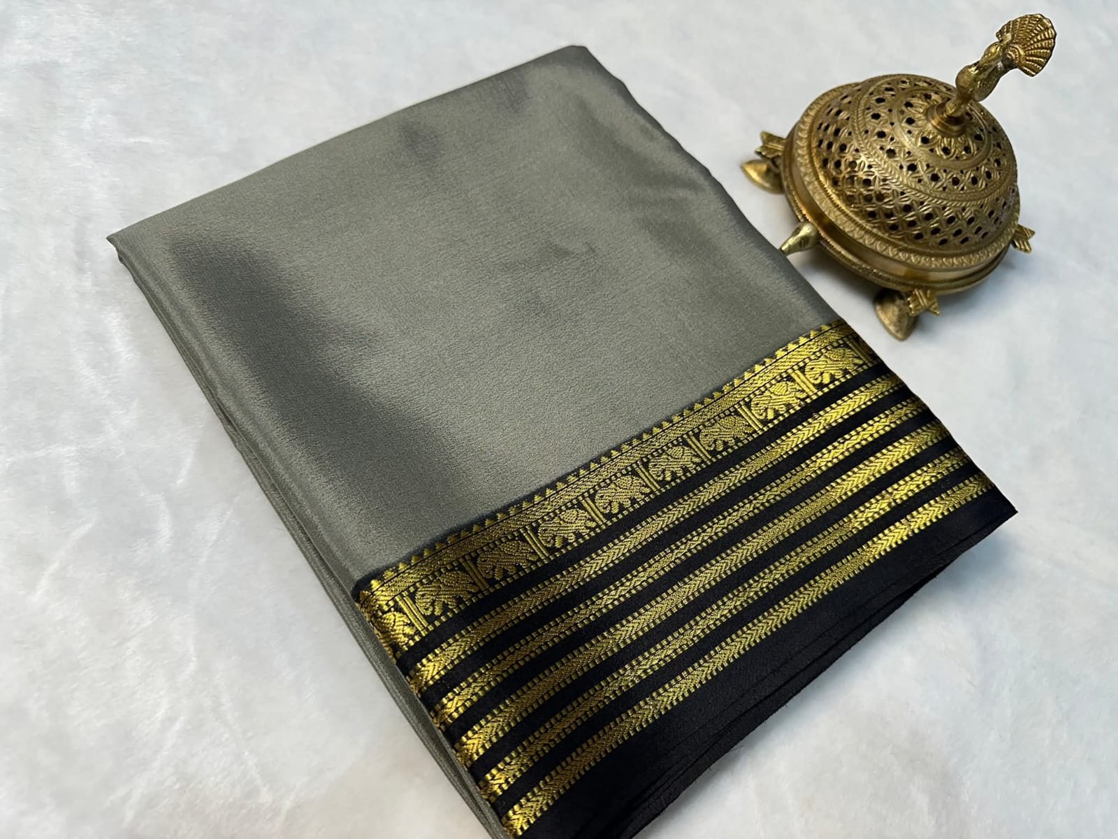 Grey Semi Mysore Silk Saree with Black & Gold Zari Border and Blouse