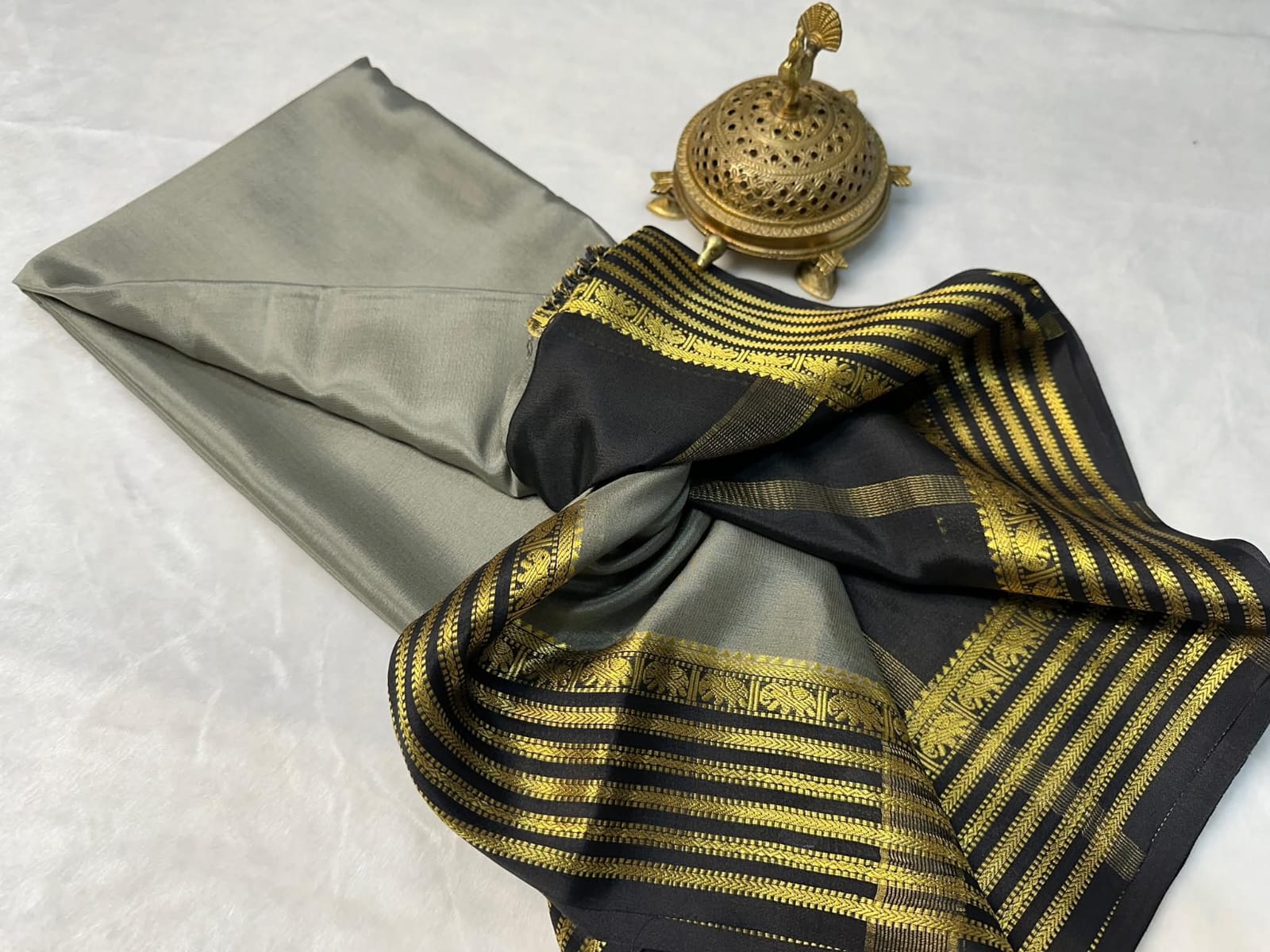 Grey Semi Mysore Silk Saree with Black & Gold Zari Border and Blouse