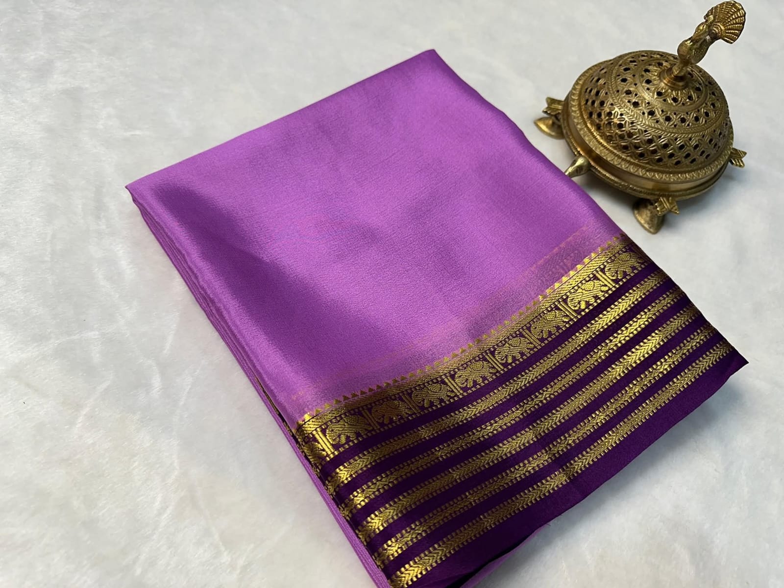 Purple Semi Mysore Silk Saree with Gold Zari Border and Blouse