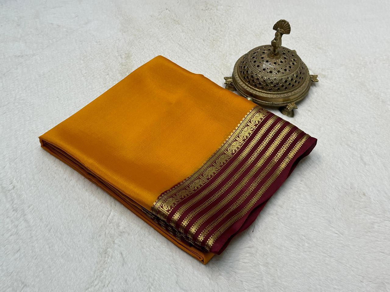 Majestic Amber Mysore Silk Look Saree with Royal Maroon Zari Border & Blouse Piece