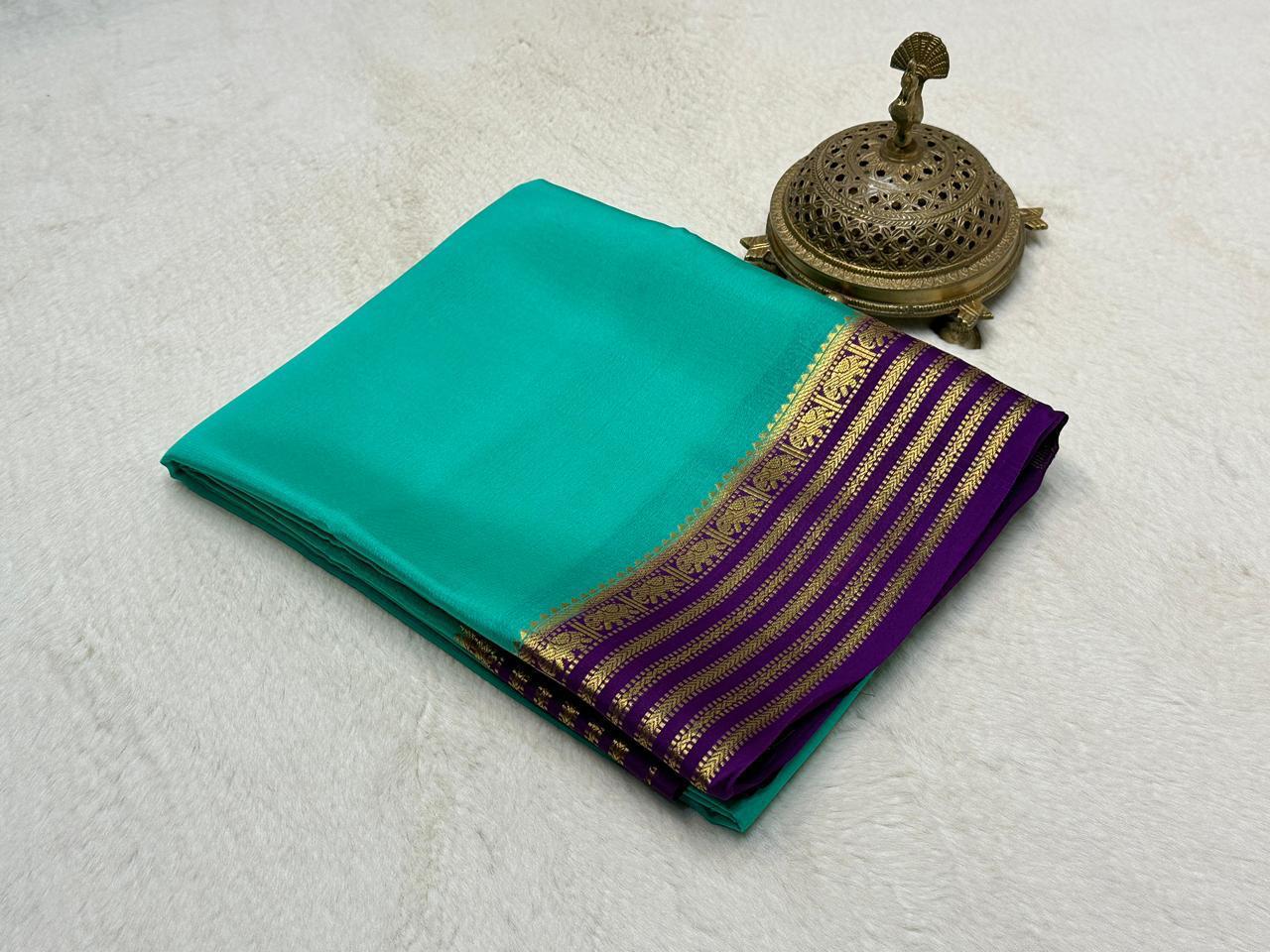 Sea Green Semi Mysore Silk Saree with Royal Purple Gold-Woven Zari Border & Blouse
