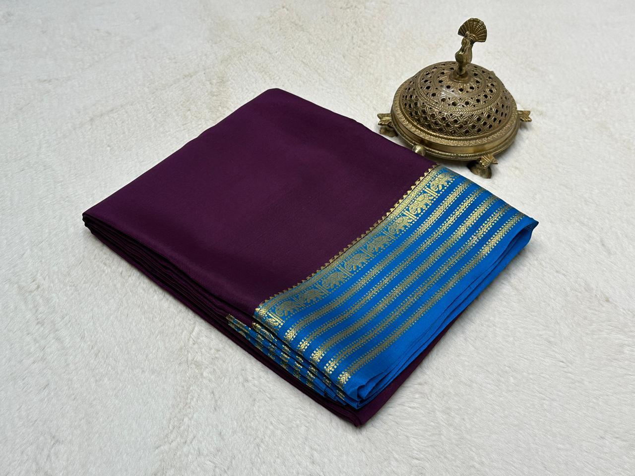 Wine Purple Semi Mysore Silk Saree with Electric Blue Gold-Woven Zari Border & Blouse