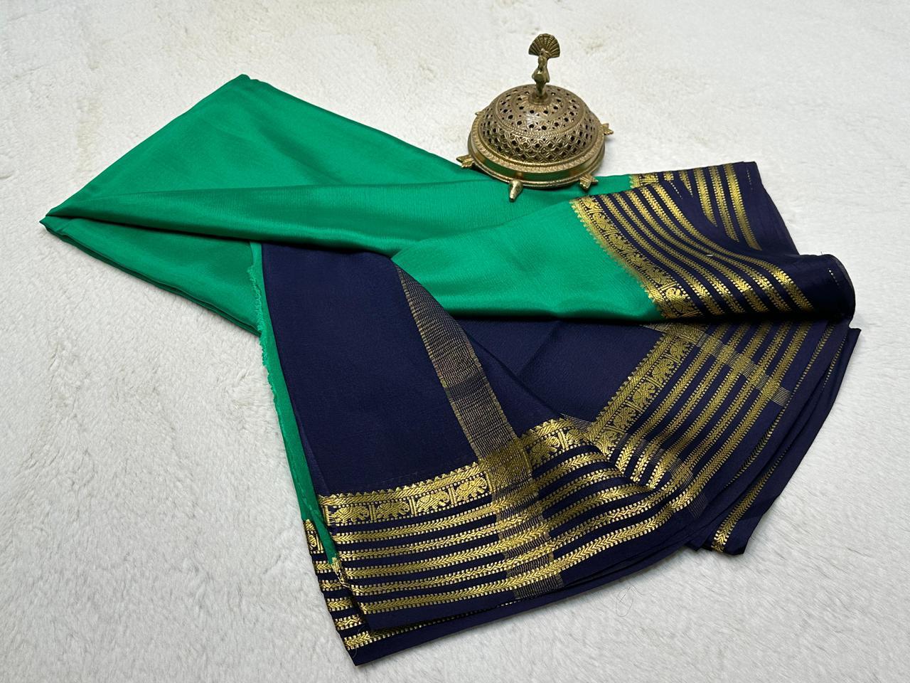 Emerald Green Semi Mysore Silk Saree with Deep Navy Zari Crafted Border & Blouse