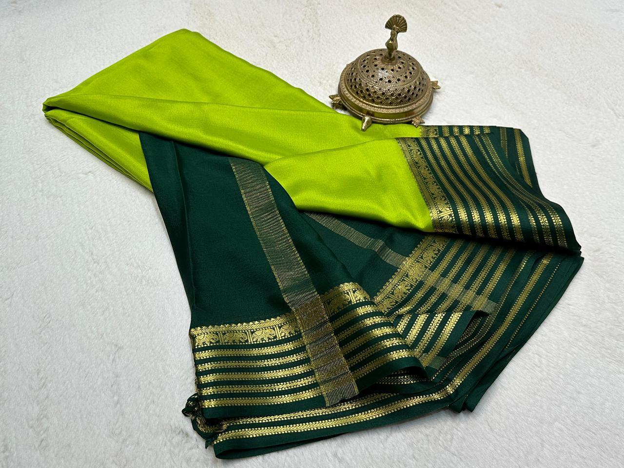 Lime Green Semi Mysore Silk Saree with Deep Emerald Gold-Zari Crafted Border & Blouse