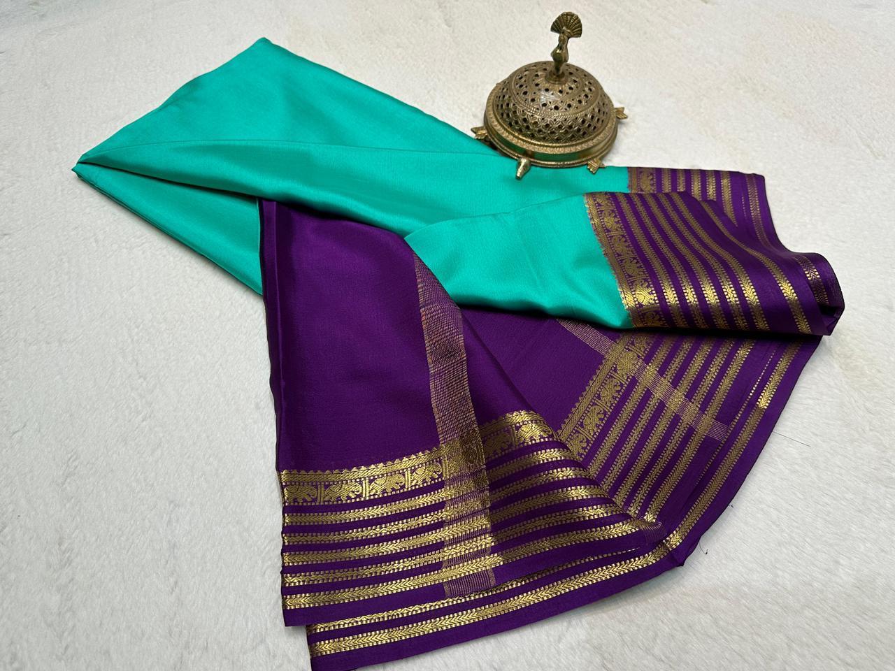 Sea Green Semi Mysore Silk Saree with Royal Purple Gold-Woven Zari Border & Blouse