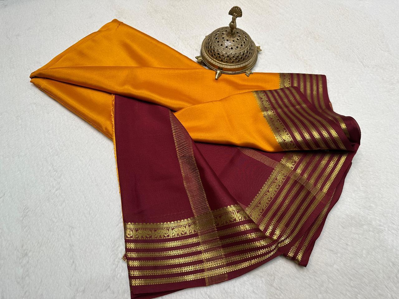 Majestic Amber Mysore Silk Look Saree with Royal Maroon Zari Border & Blouse Piece