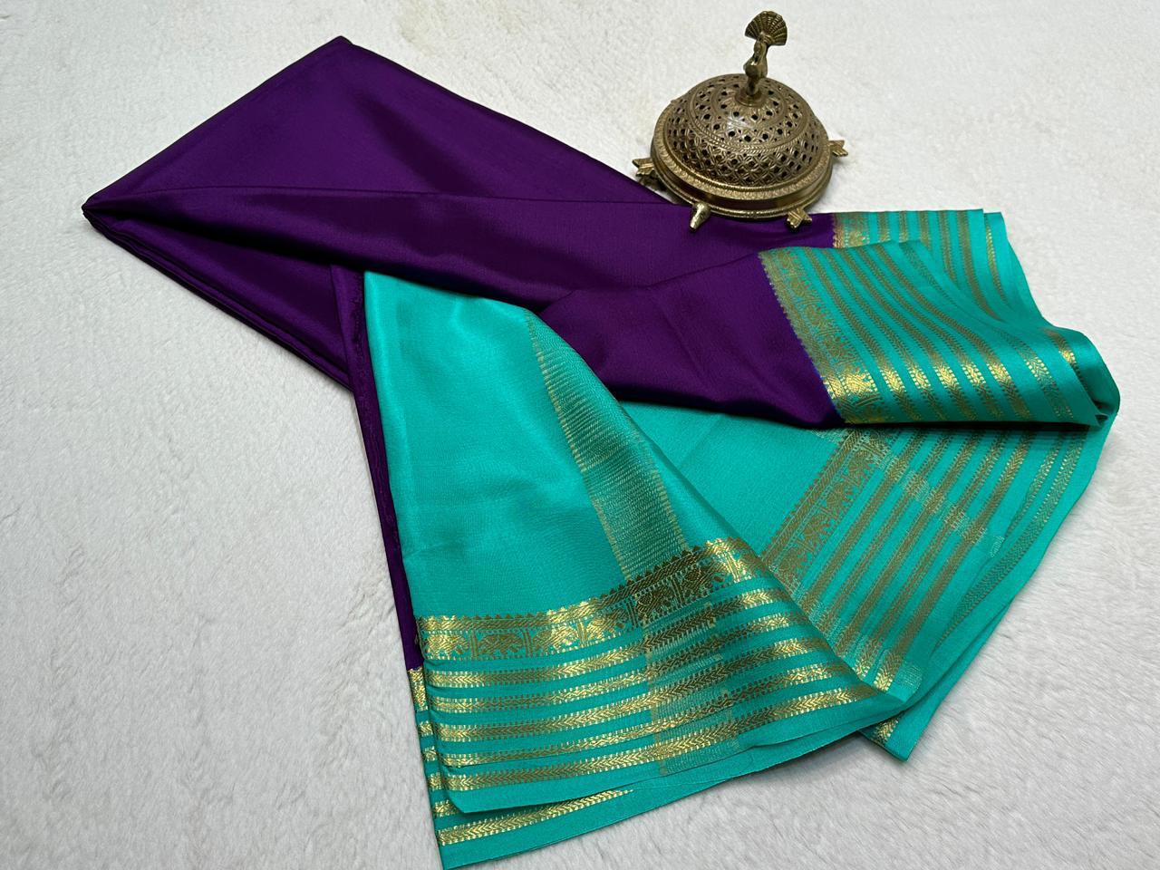 Royal Plum Semi Mysore Silk Saree with Aqua Zari Toned Border & Blouse