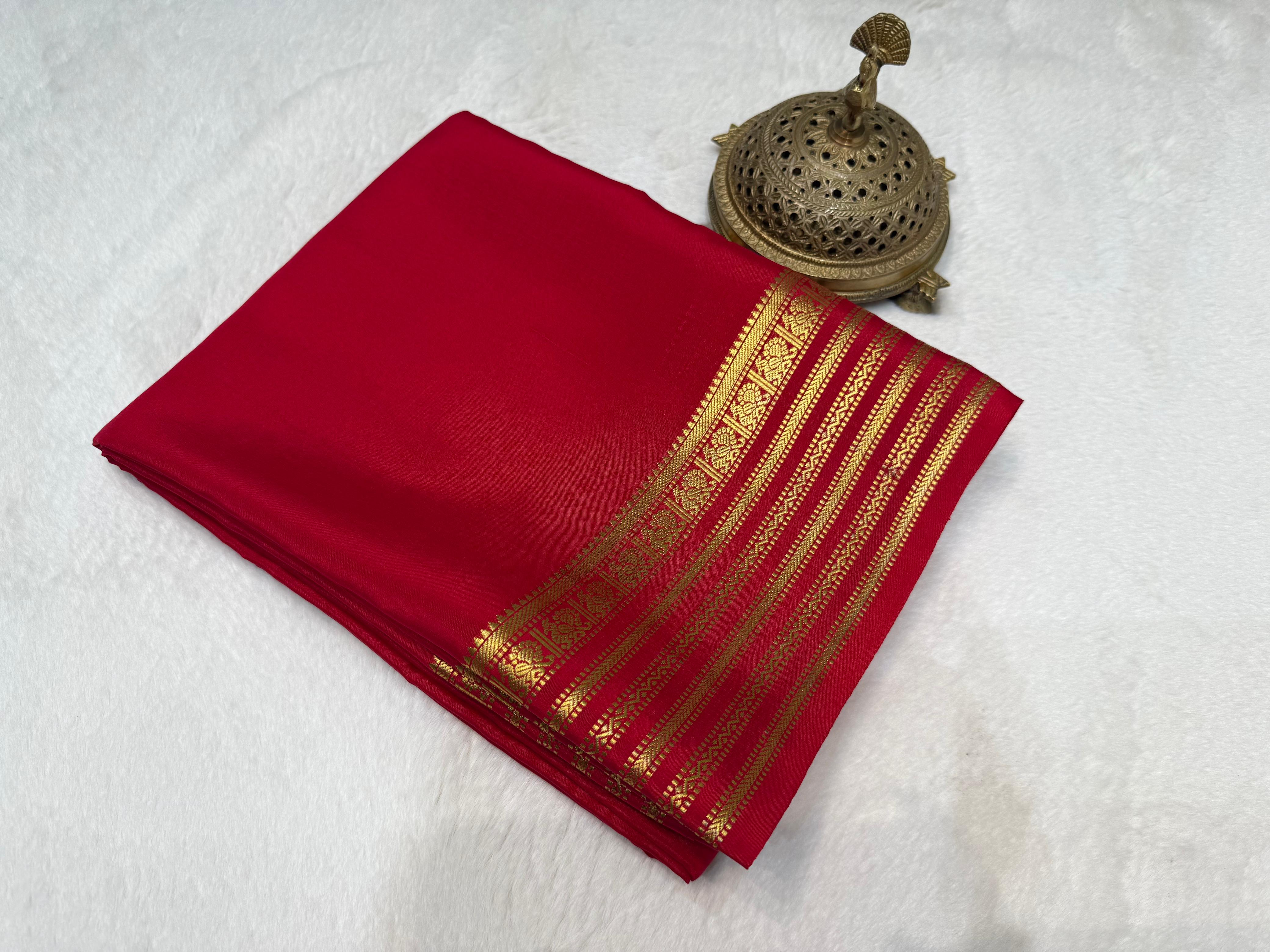 Crimson Red Semi Mysore Silk Saree with Royal Gold Zari Grand Border & Blouse