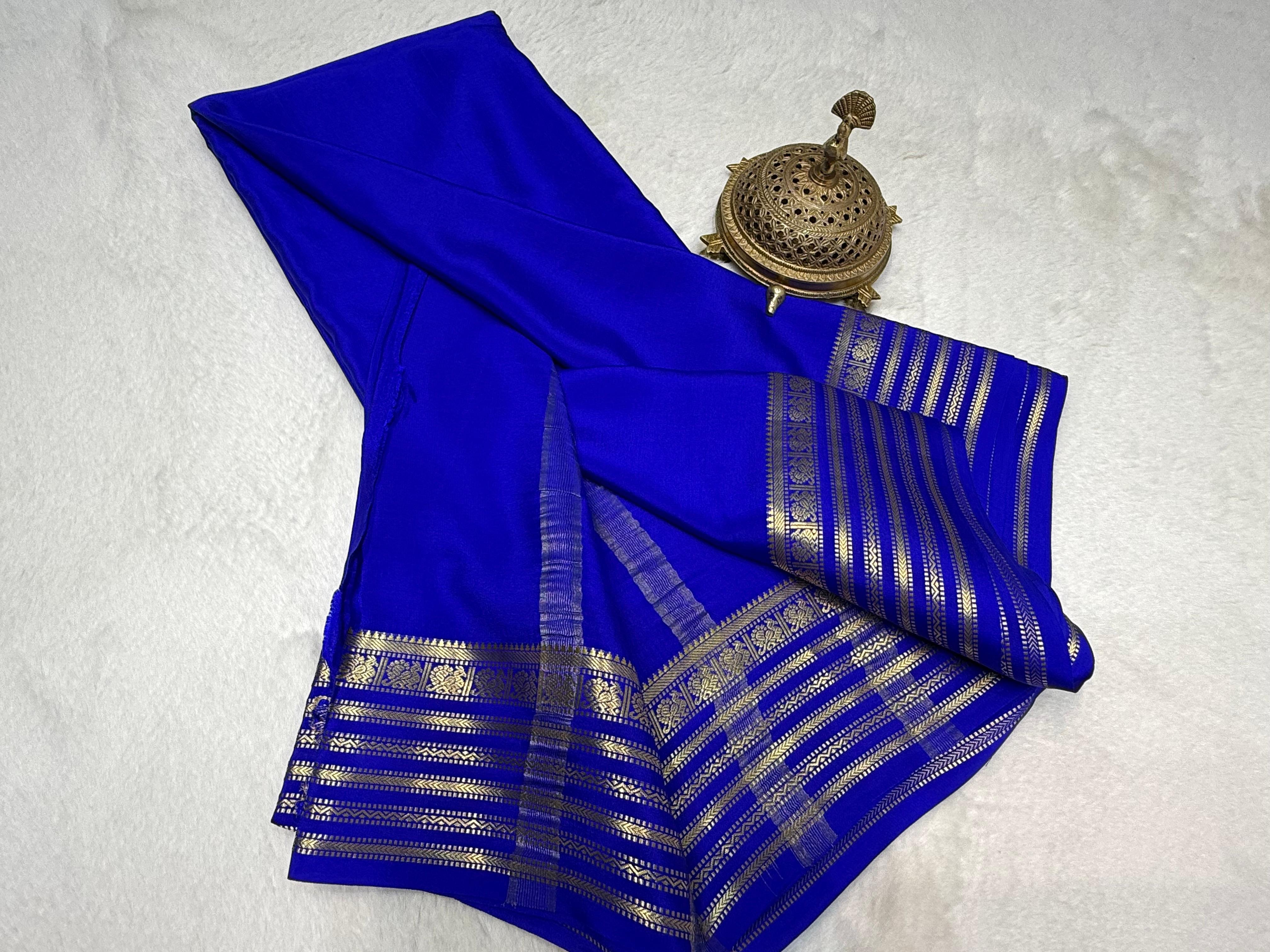 Sapphire Blue Semi Mysore Silk Saree with Luxe Gold Zari Royal Border & Blouse