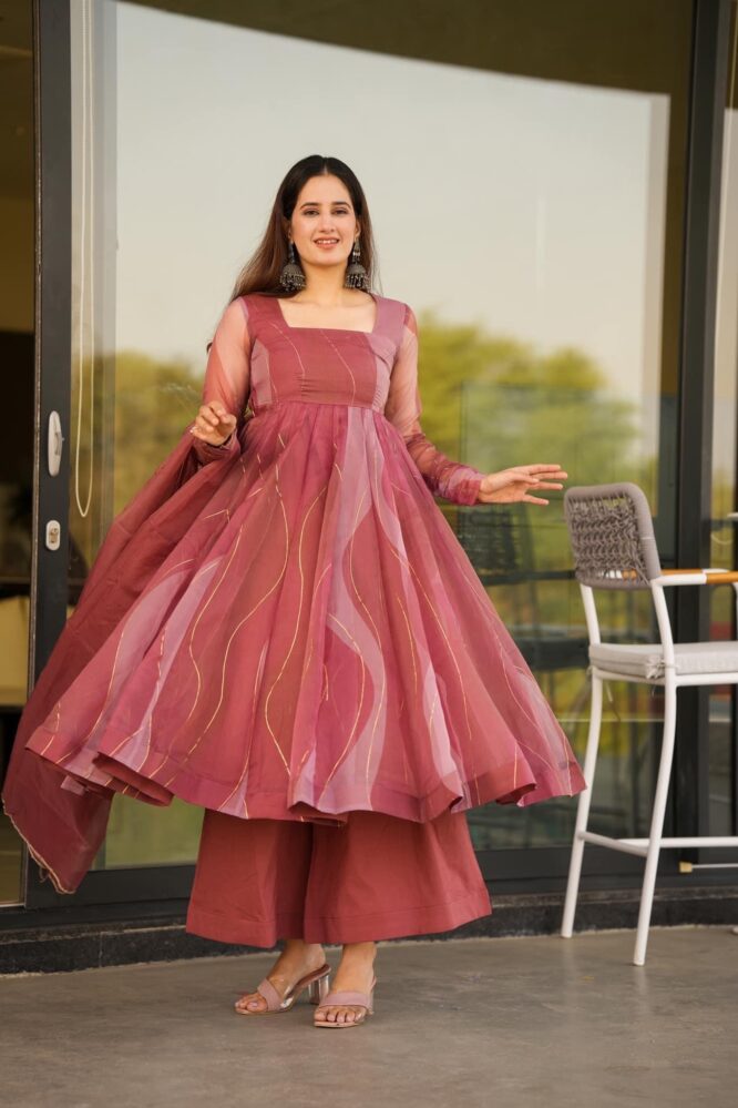 Salmon Festival Wear Orgenza Anarkali Suit Set Salmon Festival Wear Orgenza Anarkali Suit Set