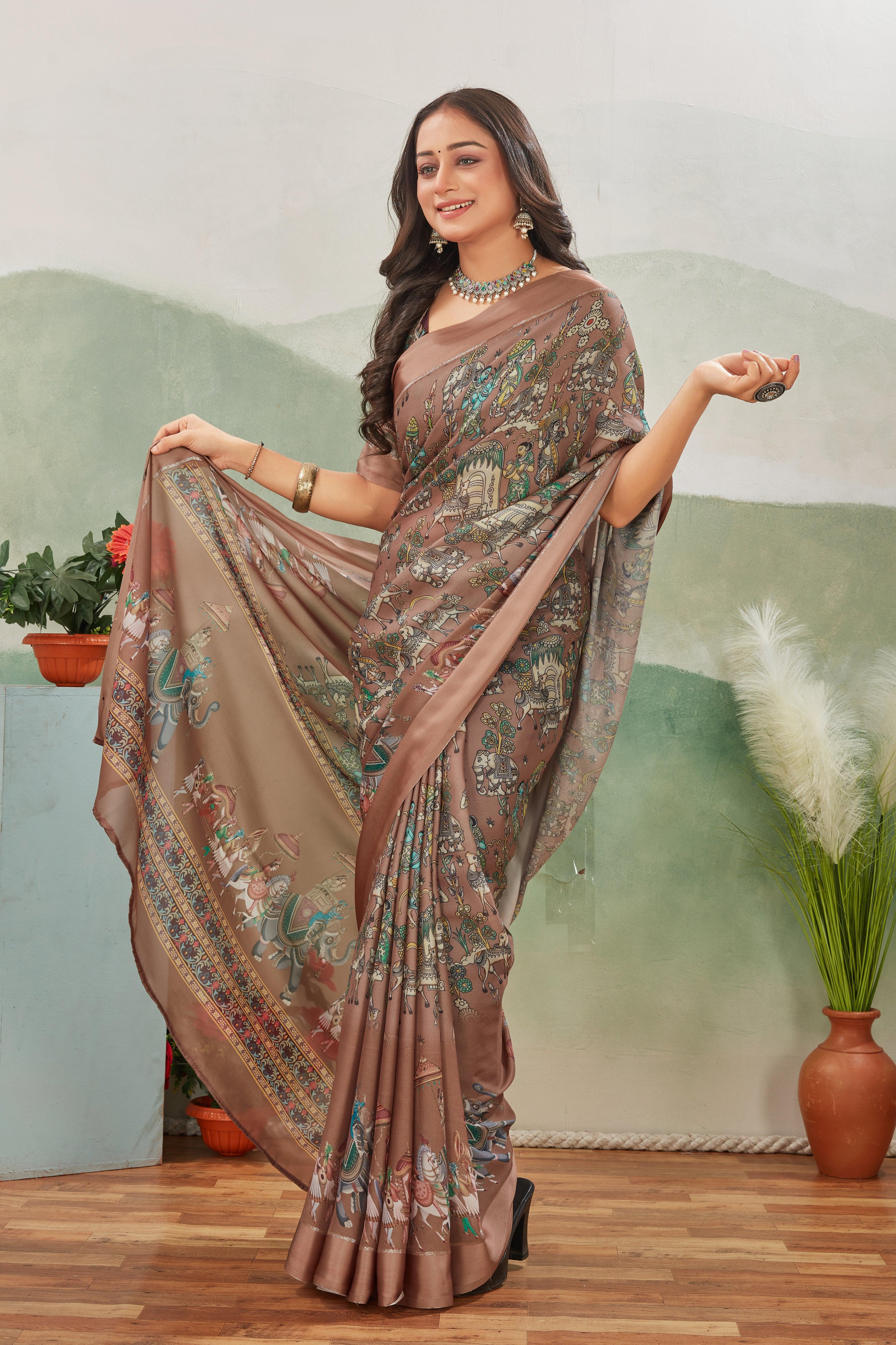 Premium Classic Craftsmanship: Kalamkari Prints on Viscose Satin Border Silk for Weddings & Festive Wear
