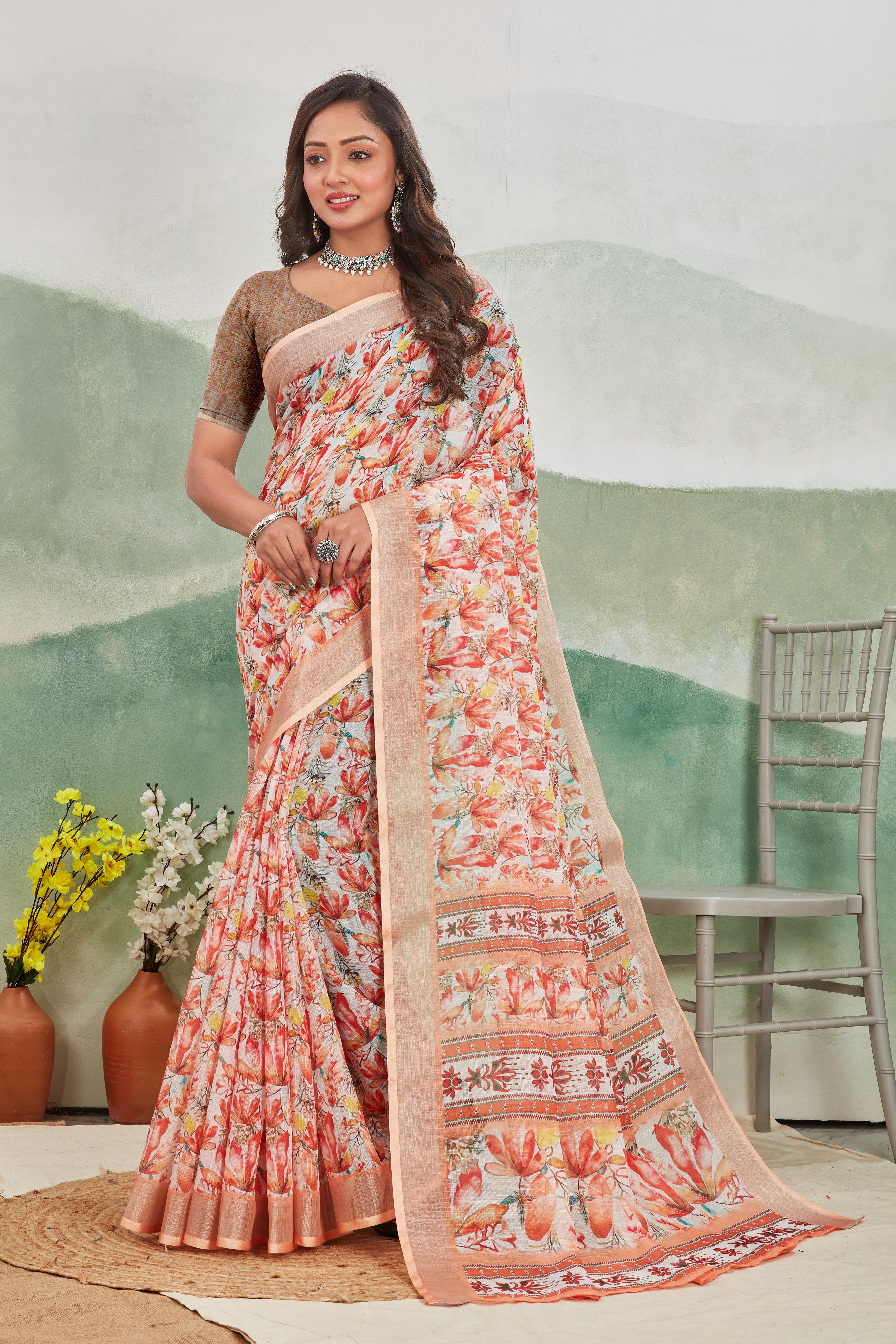 Premium Pure Linen Saree For Every Occasion in Peach for Weddings & Festive Wear