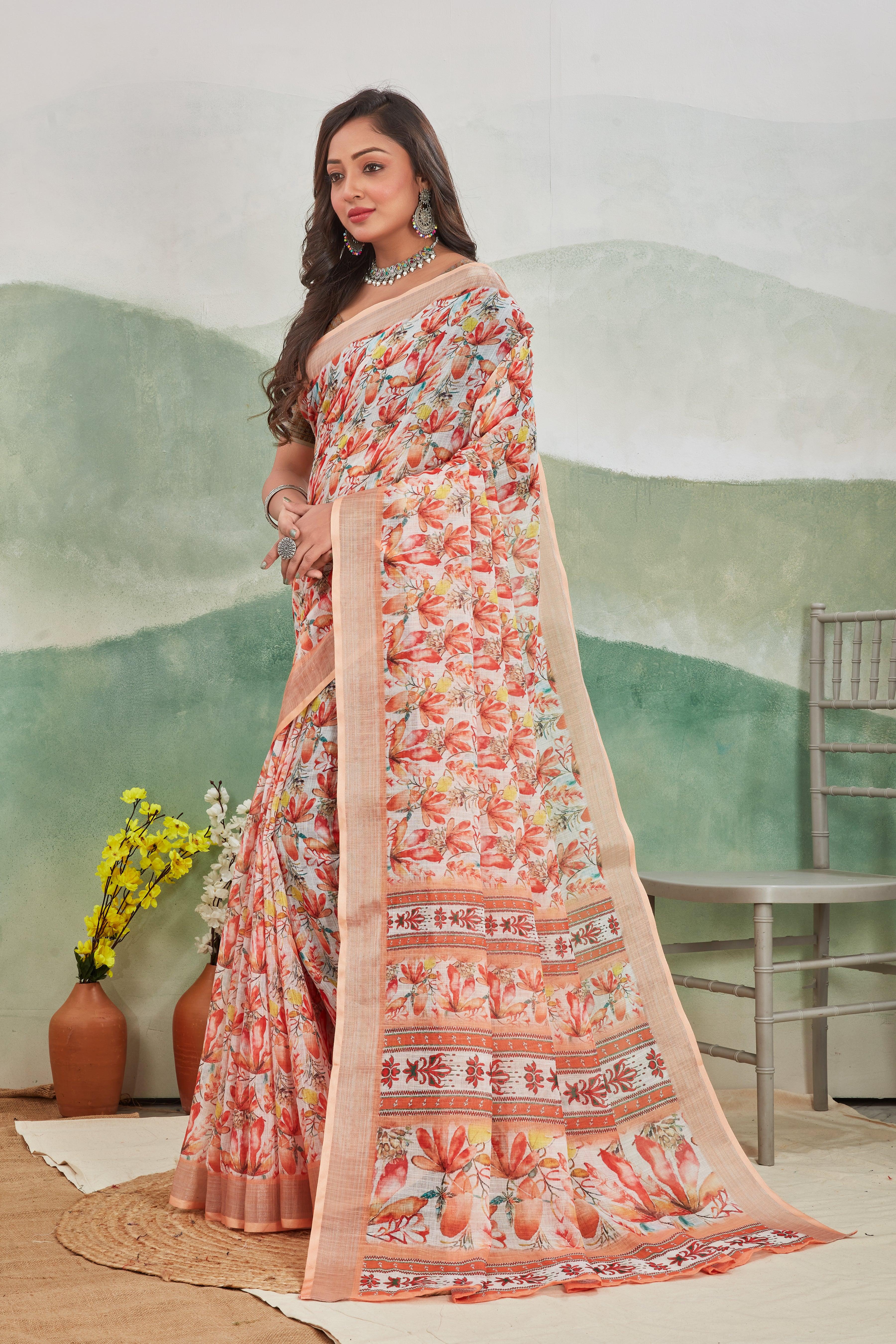 Premium Pure Linen Saree For Every Occasion in Peach for Weddings & Festive Wear