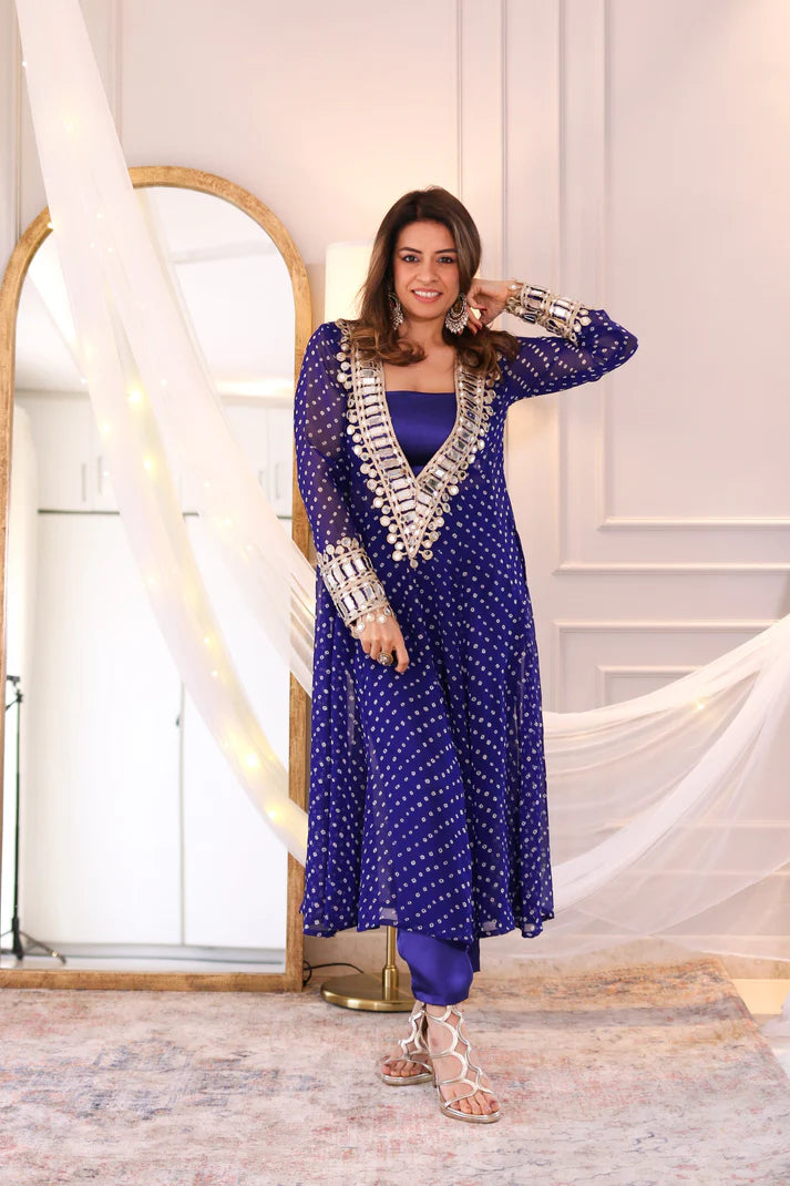 Blue Mirror work kurta palazzo set with dupatta