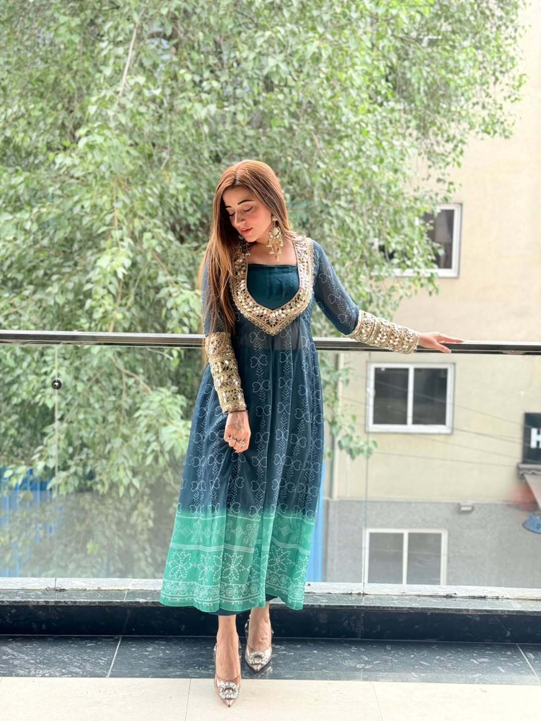 Multi colour Georgette kurti set with Mirror work
