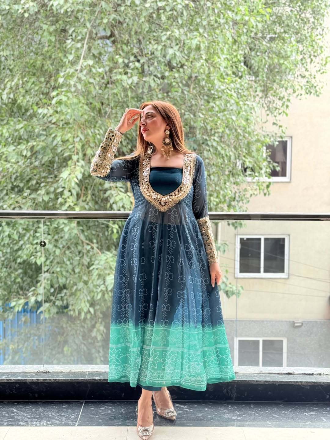 Multi colour Georgette kurti set with Mirror work