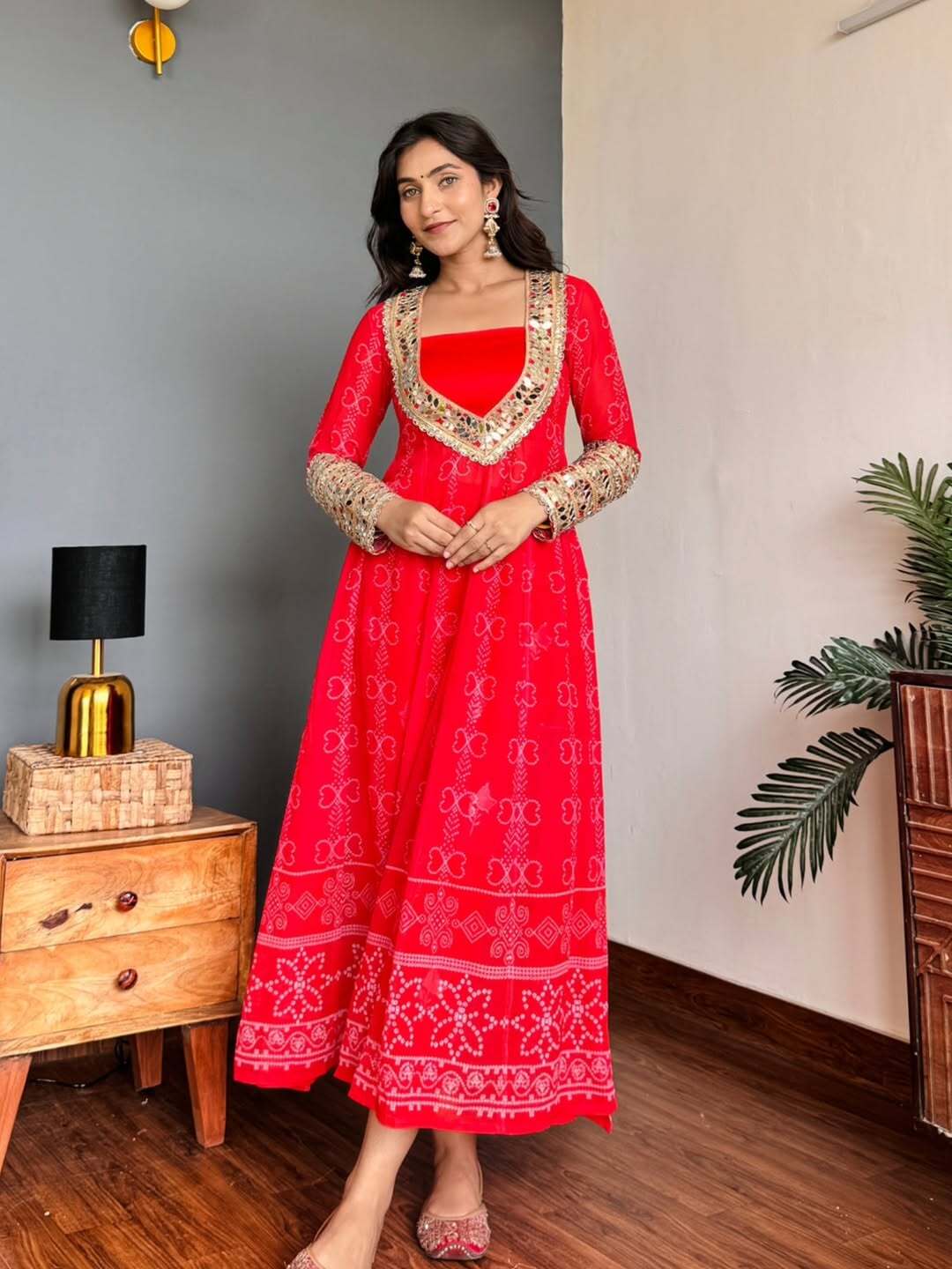 Red Anarkali Georgette Kurti Salwar Suit Set For Wedding.