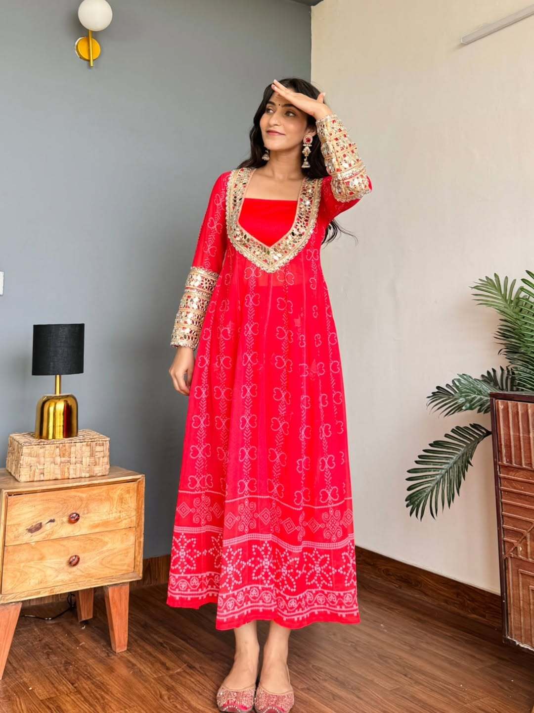 Red Anarkali Georgette Kurti Salwar Suit Set For Wedding.
