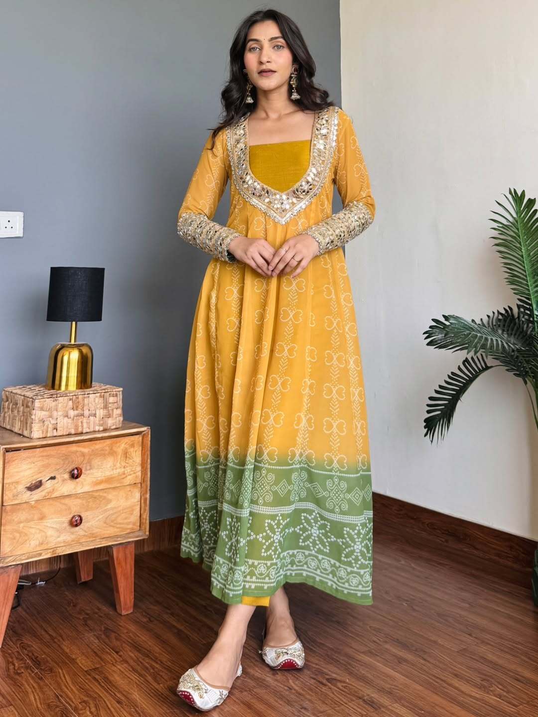 Yellow anarkali kurta set with Mirror work