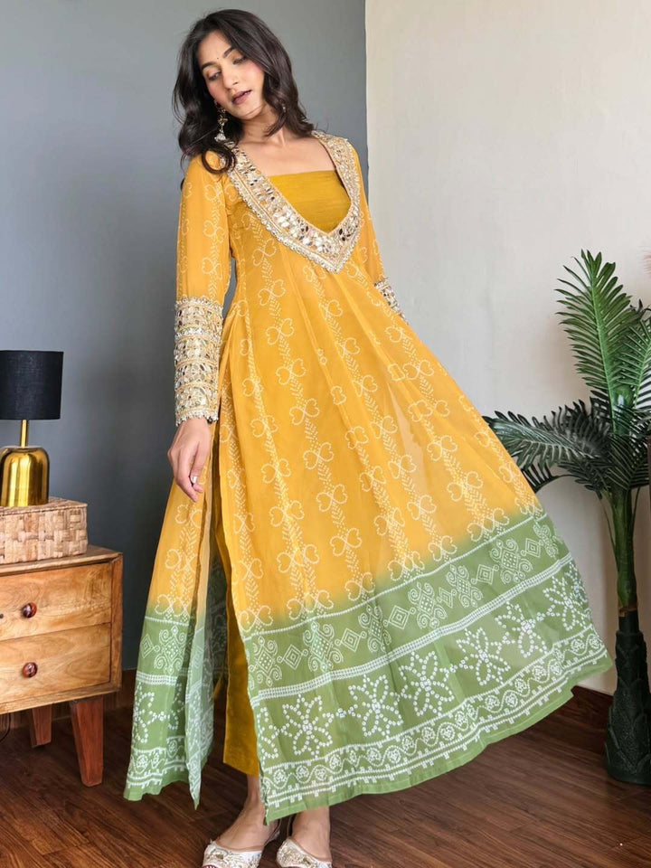 Yellow anarkali kurta set with Mirror work