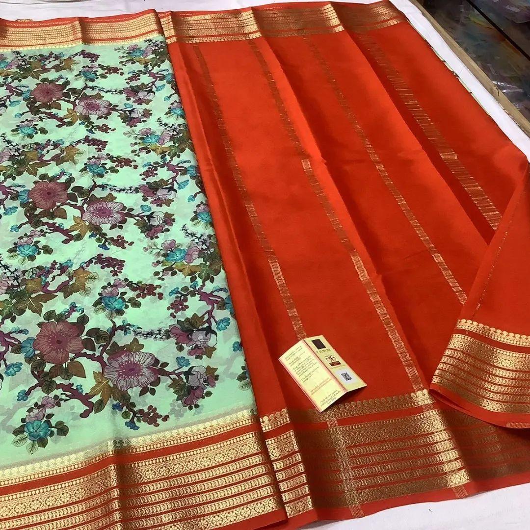 Premium Mysore Printed Floral Silk Sarees for Celebrations for Weddings & Festive Wear