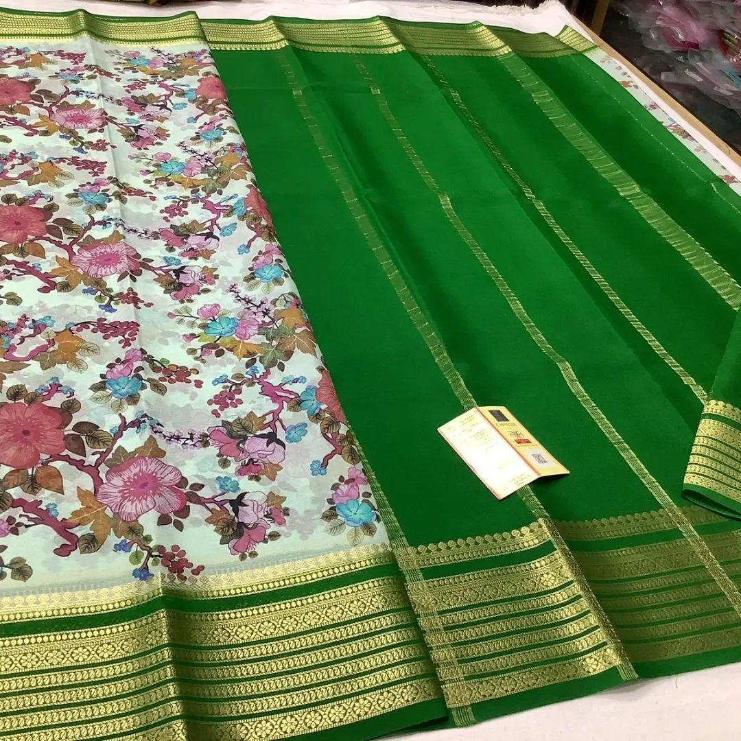 Premium Mysore Printed Crepe Silk Sarees for Traditional Wear for Weddings & Festive Wear