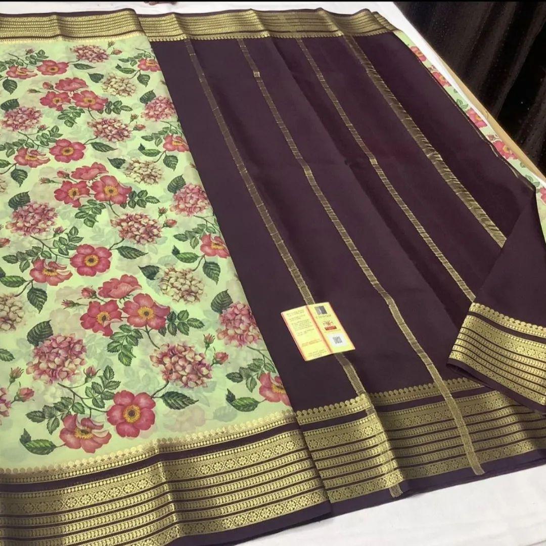 Premium Mysore Printed Floral Silk Sarees for Festive Celebrations for Weddings & Festive Wear