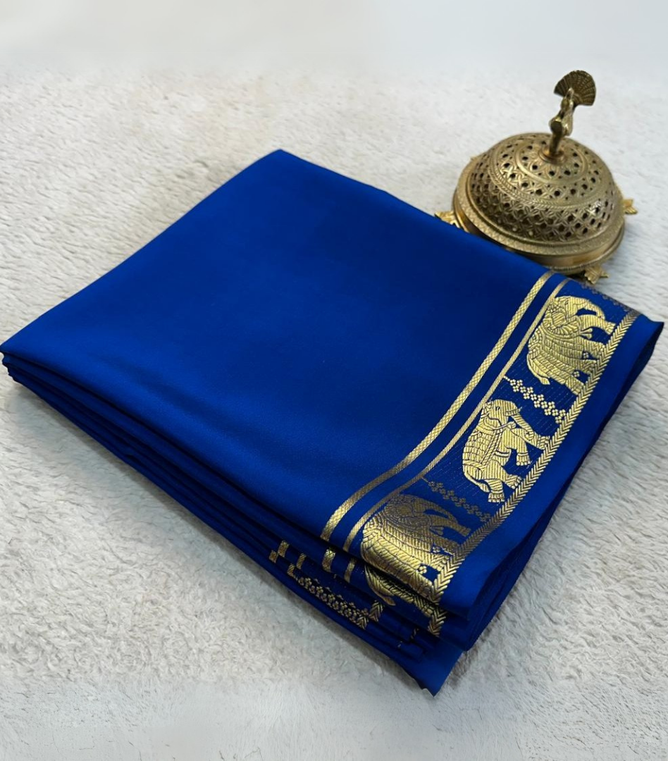 Mysore Silk Saree with Elegant Zari Border Navy Blue