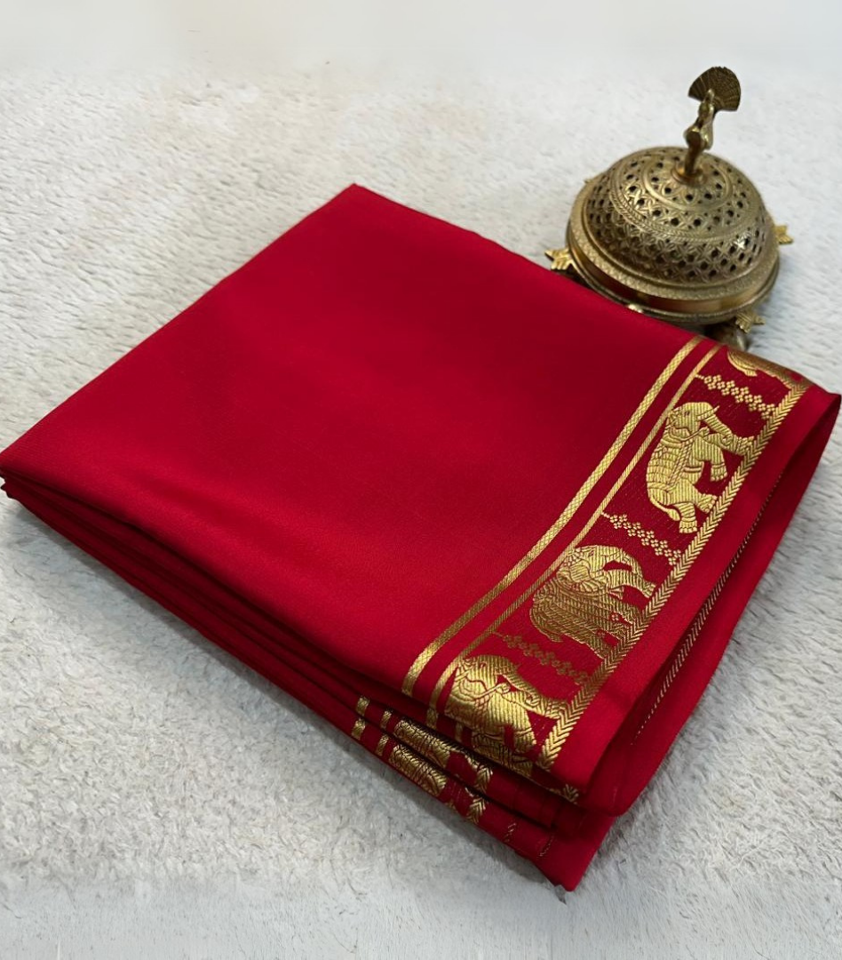 Traditional Red Mysore Silk Saree With Contrast Blouse
