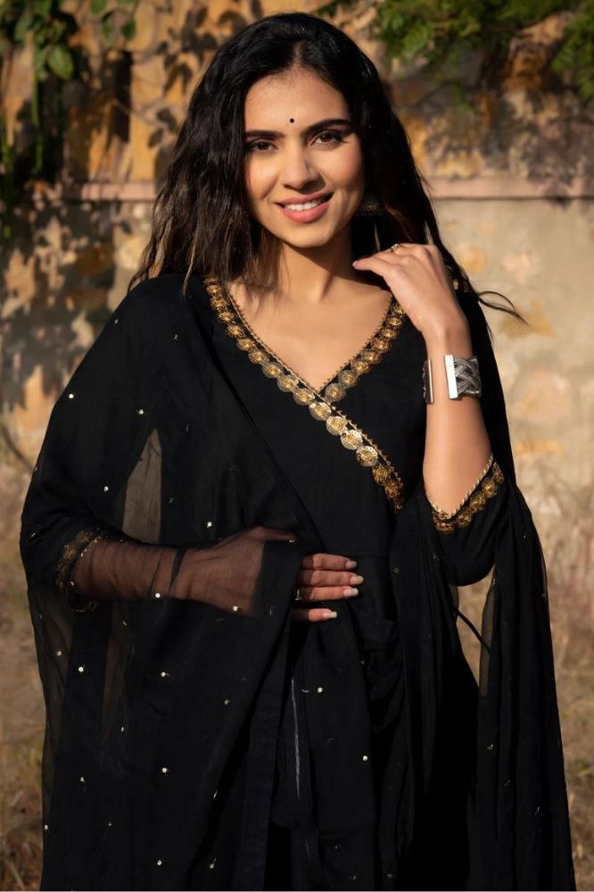 Black Georgette Long Maxi Gown With Dupatta