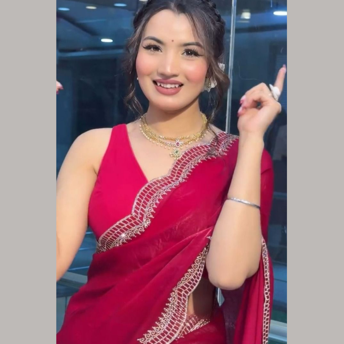 Red Sequin Saree For Party Wear
