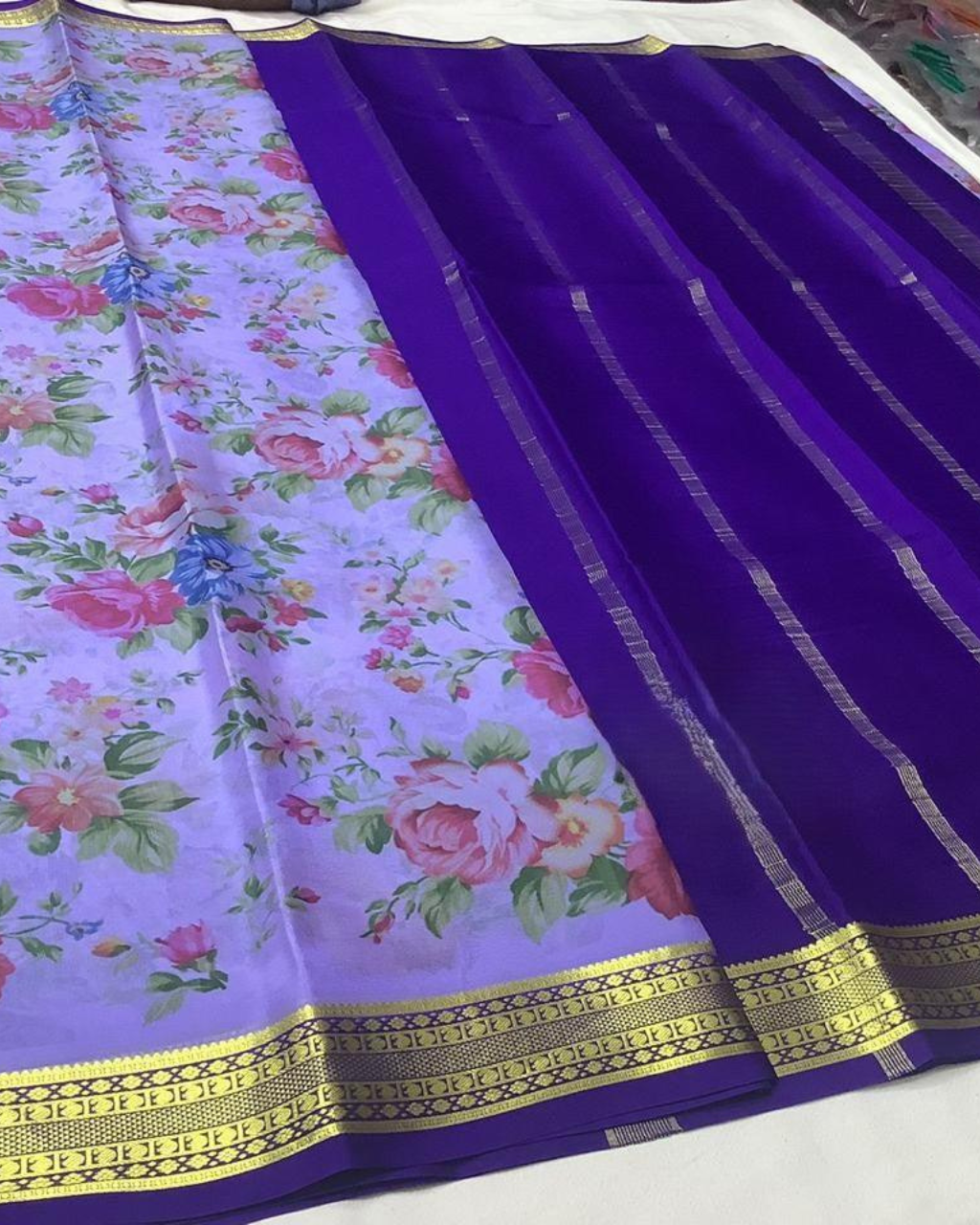 Exclusive pure crepe printed mysore silk sarees