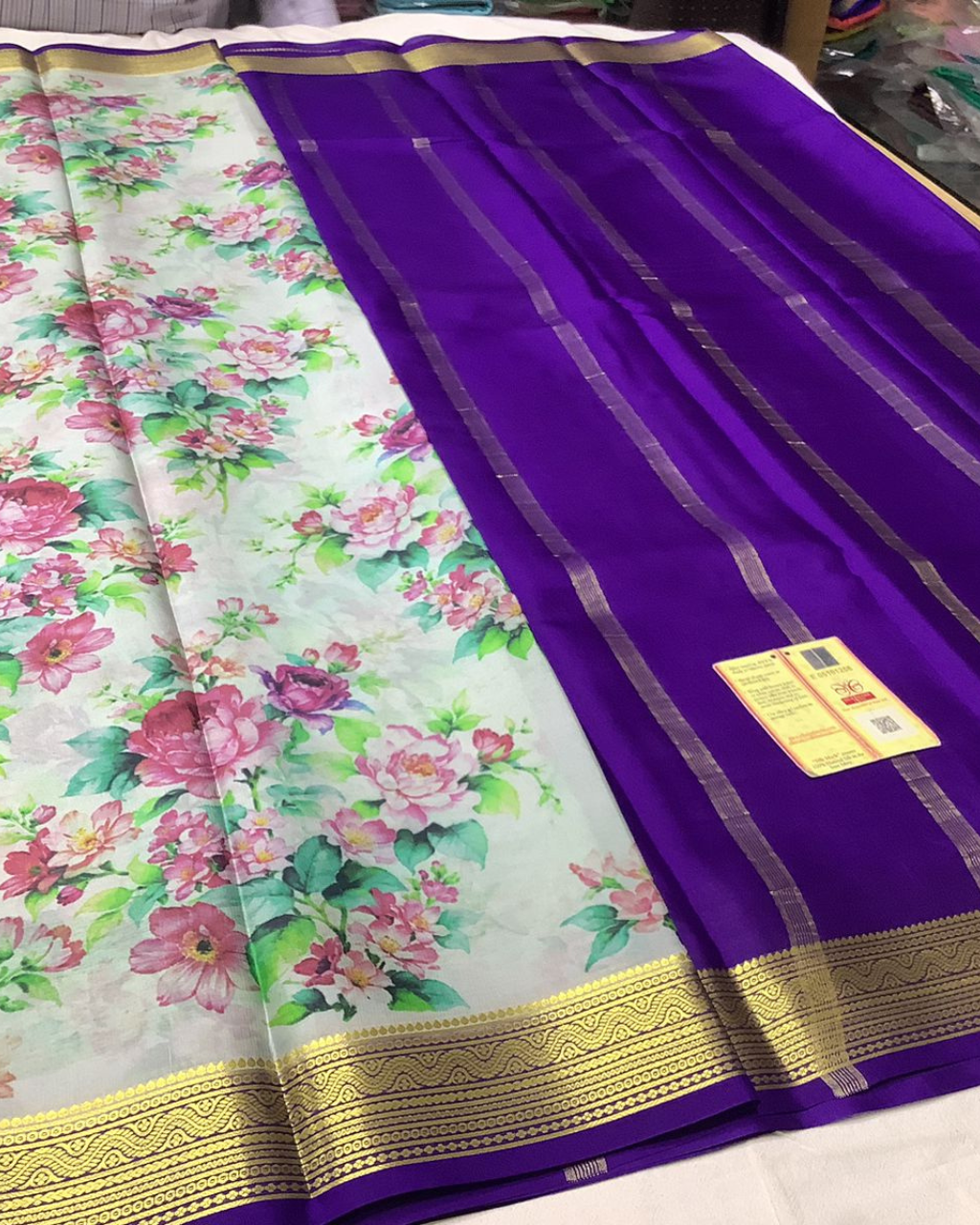 Exclusive pure crepe printed mysore silk sarees