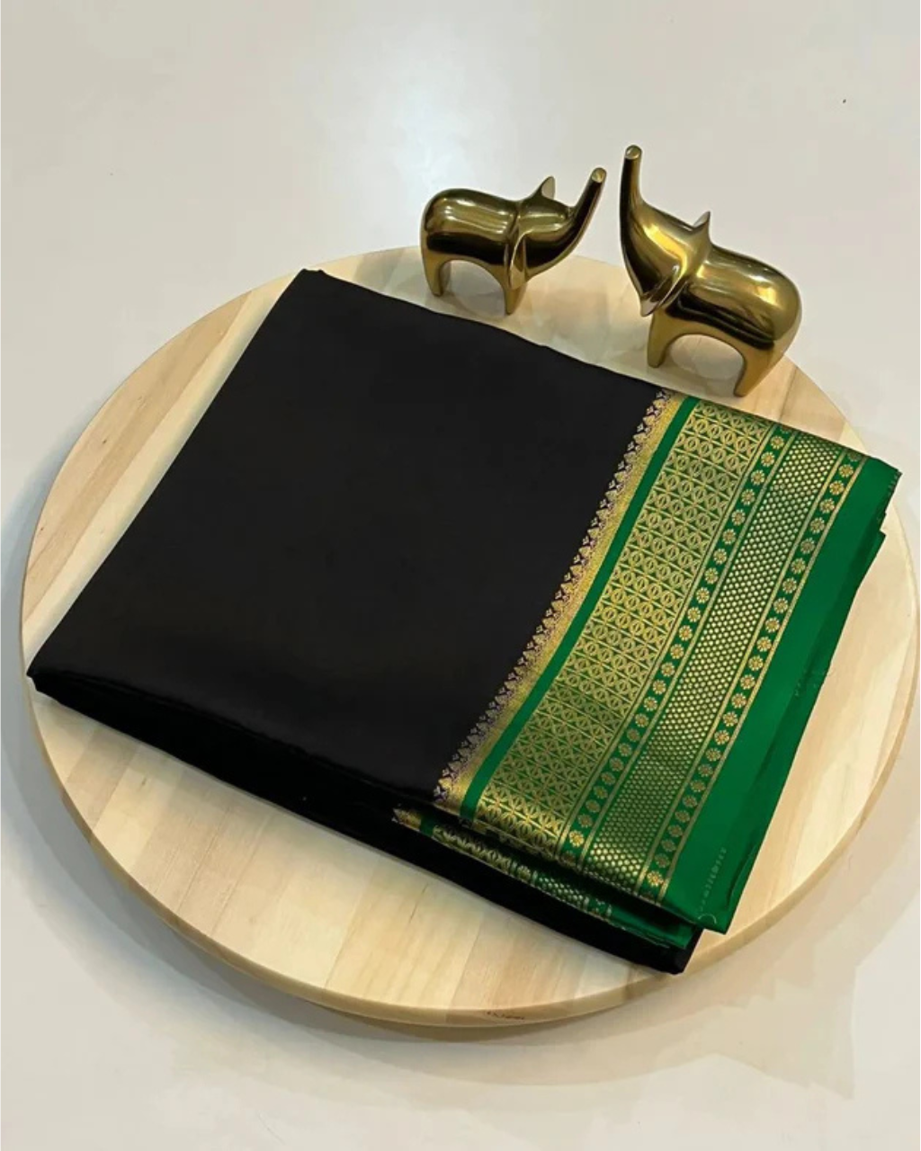 Black and Green Mysore Silk Saree with Green Border