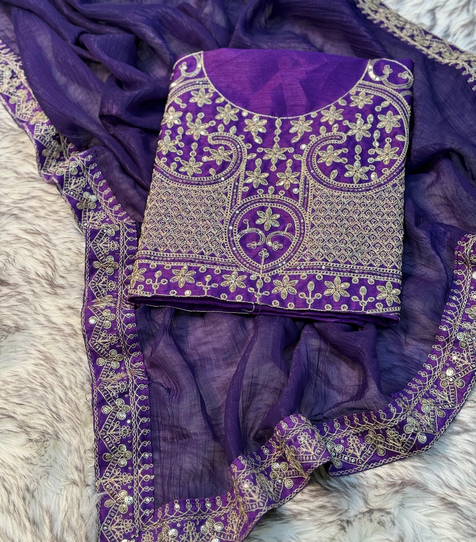 Purple Pure Georgette Fancy Sequin Work Saree With Blouse