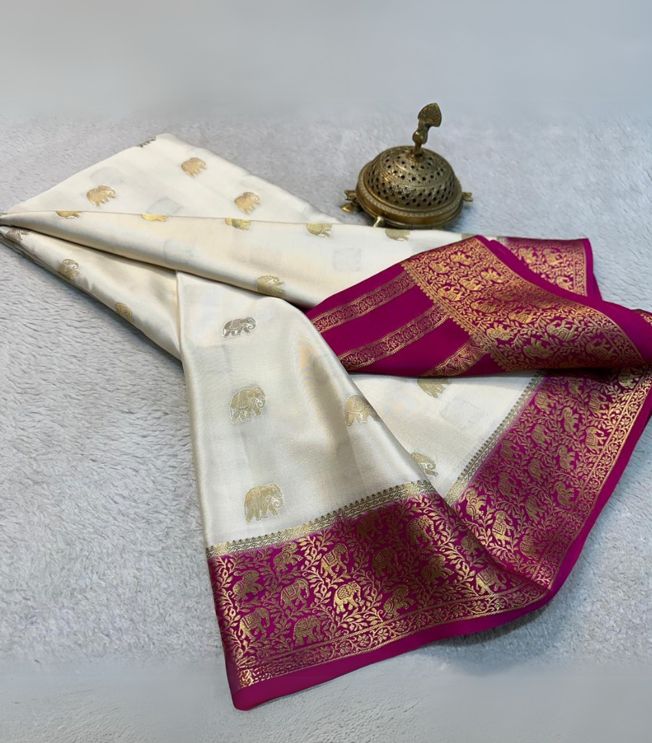Cream Pure Mysore Silk Sarees With Bentex Border Rich Pallu