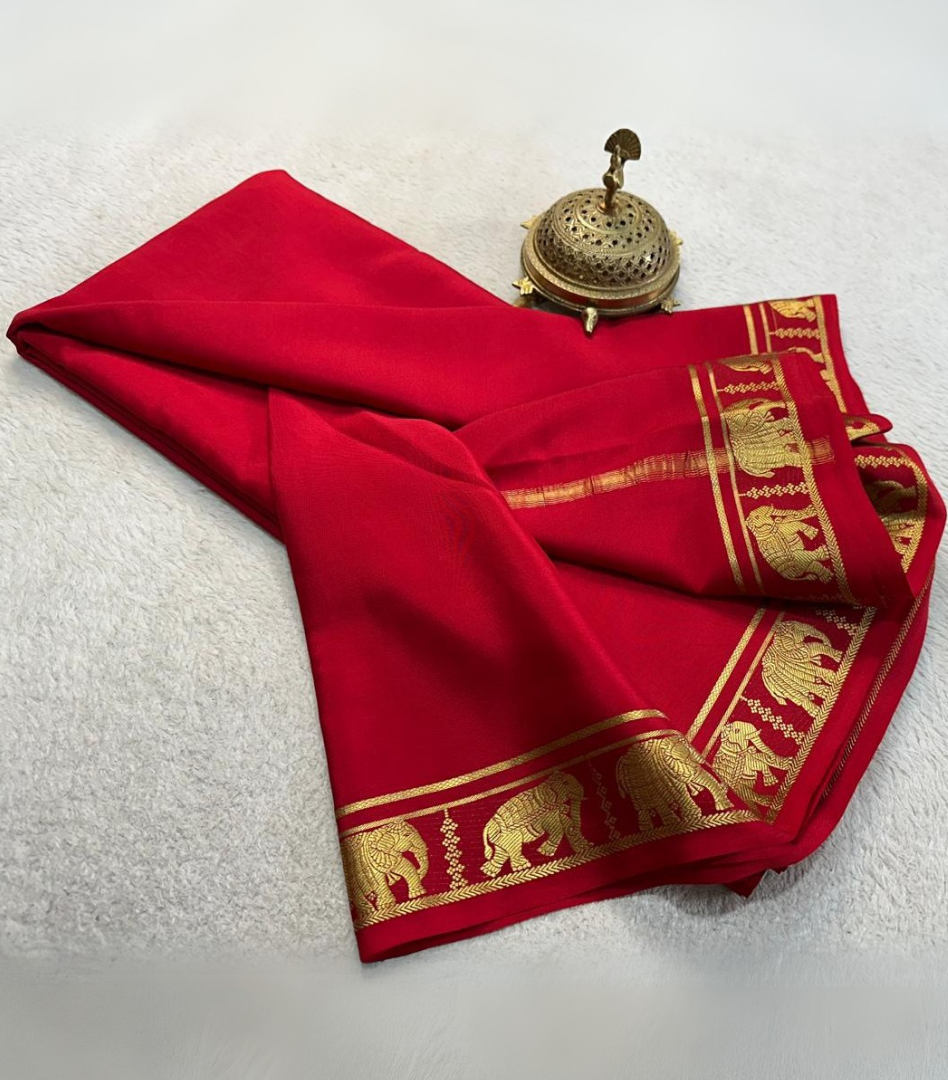 Traditional Red Mysore Silk Saree With Contrast Blouse