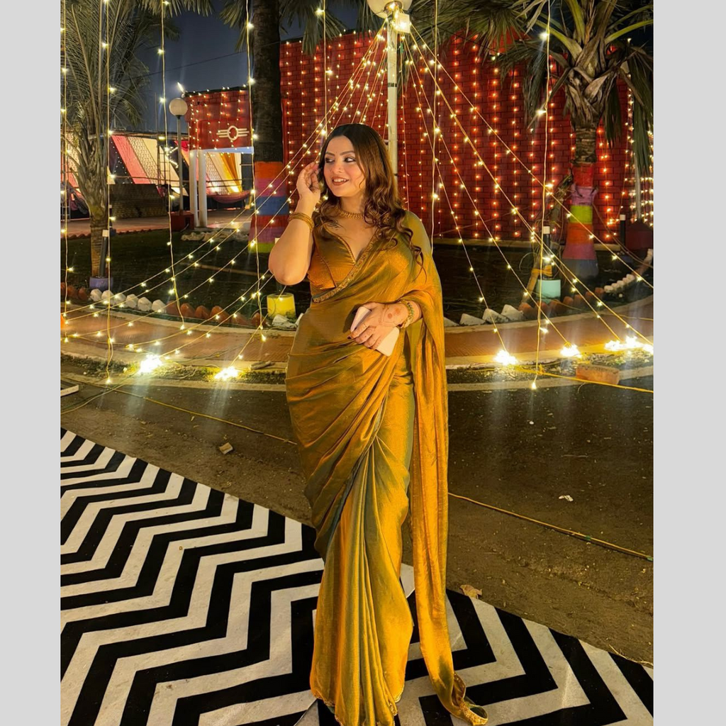 Golden Rich Chiffon Saree with Blouse - Main Image