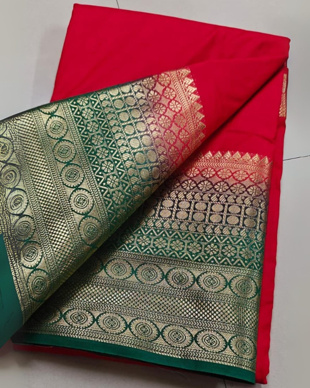 Red Bridal Look Mysore Saree with Golden Silk Weaving