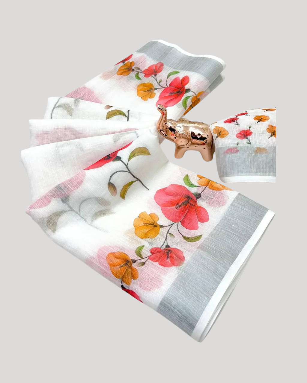 White Floral Digital Printed Linen Saree