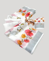 White Floral Digital Printed Linen Saree