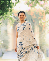 Pure Linen Saree in Beige, With Printed Blouse