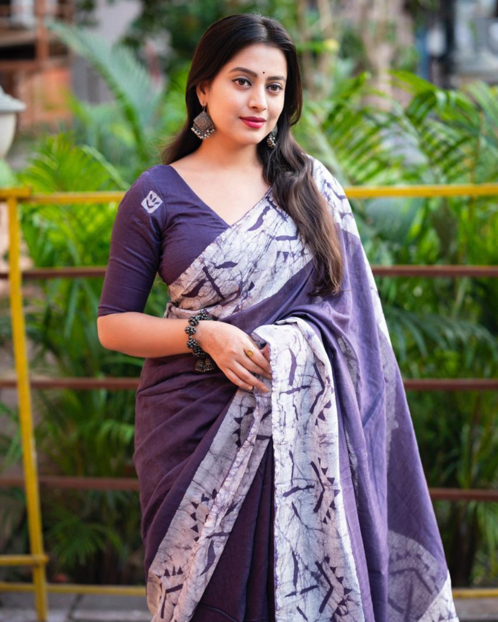 Purple Pure Magic Cotton Batik Linen Saree.