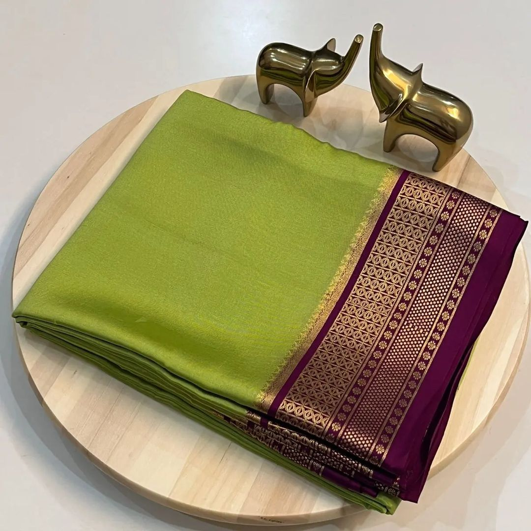 Pista Green and Wine Semi Mysore Silk Saree