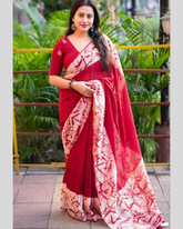 Red colour Pure Magic Cotton Batik Linen Saree.
