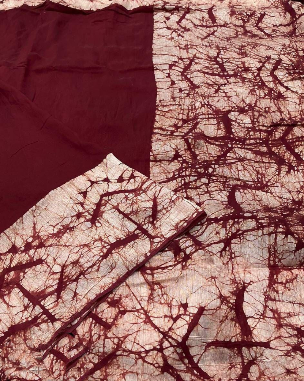 Red colour Pure Magic Cotton Batik Linen Saree.