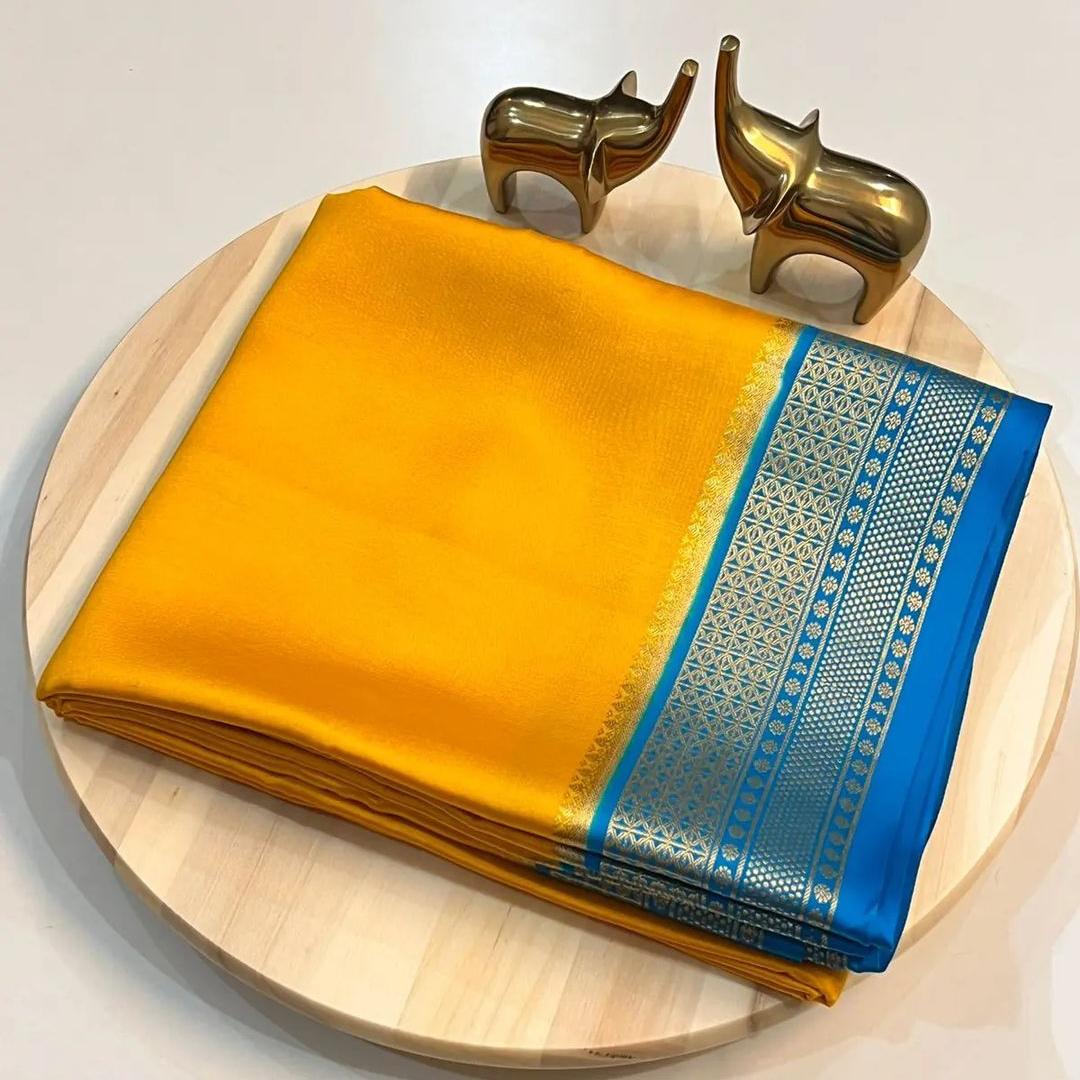 Light Yellow & Sky Border Mysore Soft Silk Saree