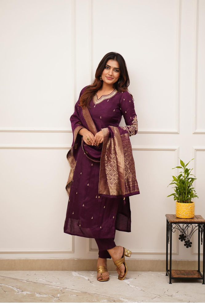 Wine Color Fully Stitched Suit set with Dupataa