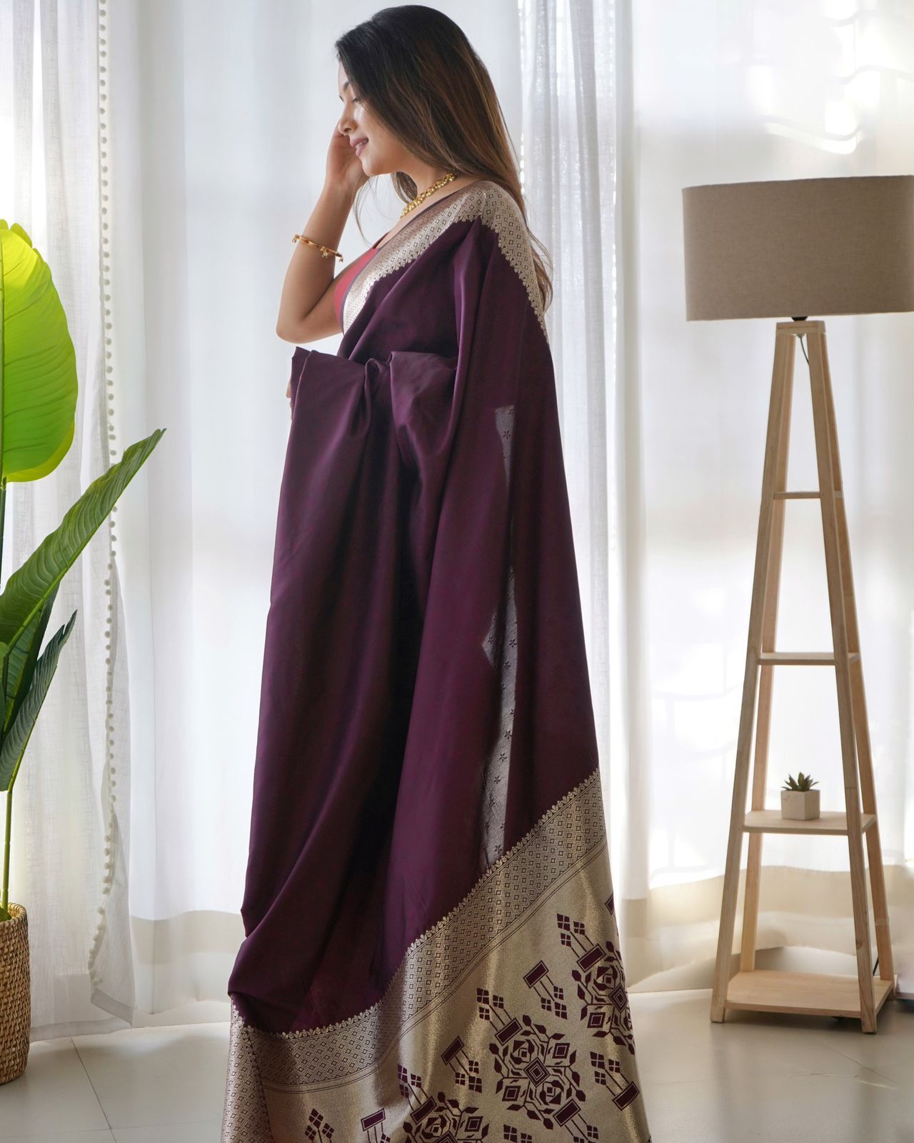Purpule Pure Zari Golden Weaving Saree