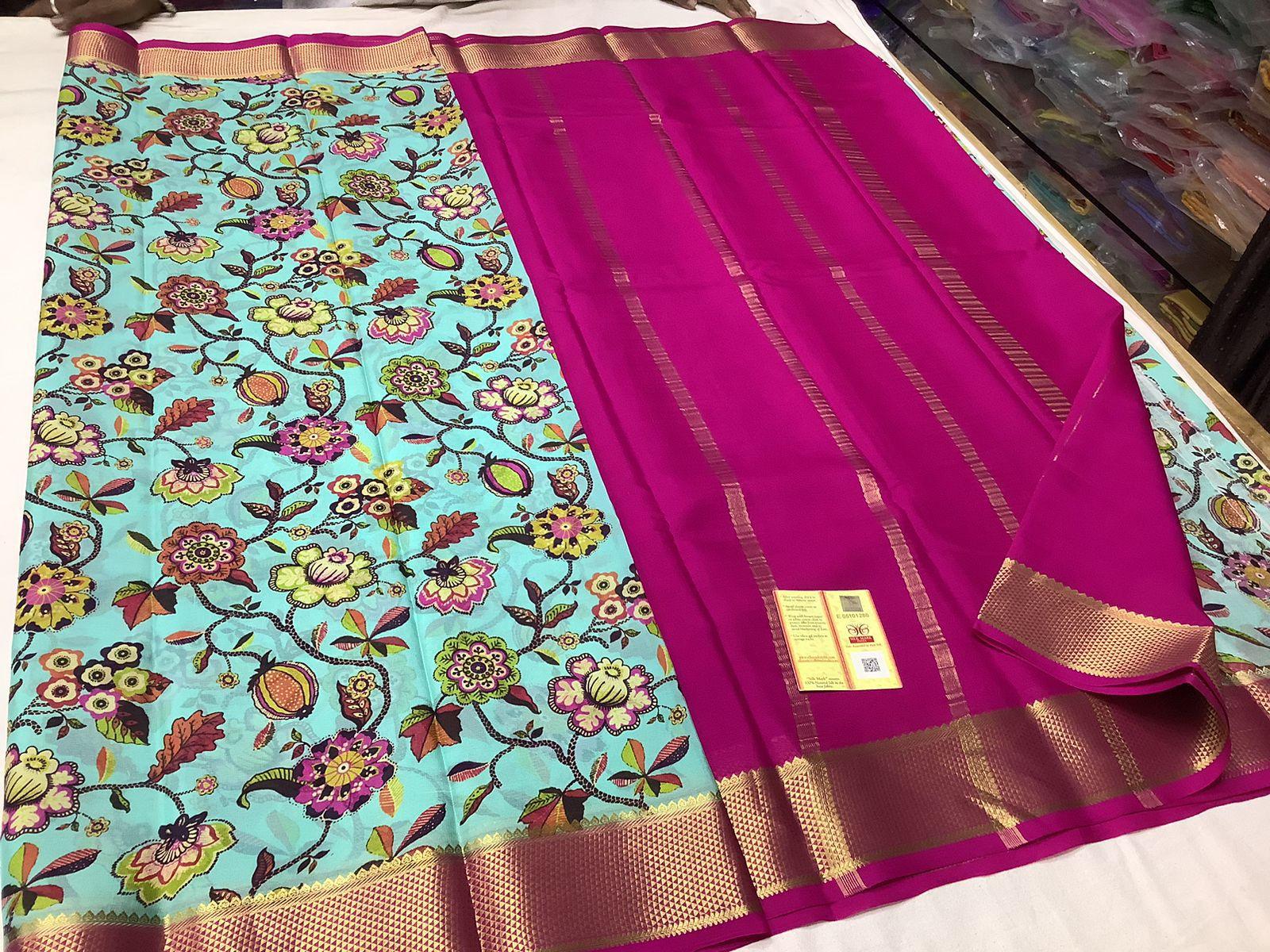Premium Timeless Mysore Printed Crepe Silk Sarees for Weddings & Festive Wear
